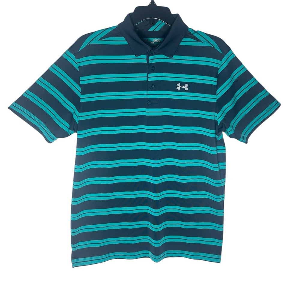 Under Armour Mens HeatGear Loose Fit Striped Golf Polo Shirt Navy Teal 1287383 M